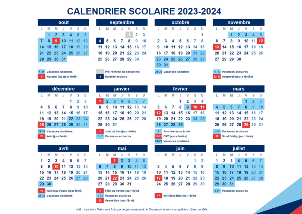 Calendrier scolaire International French School (Singapore)